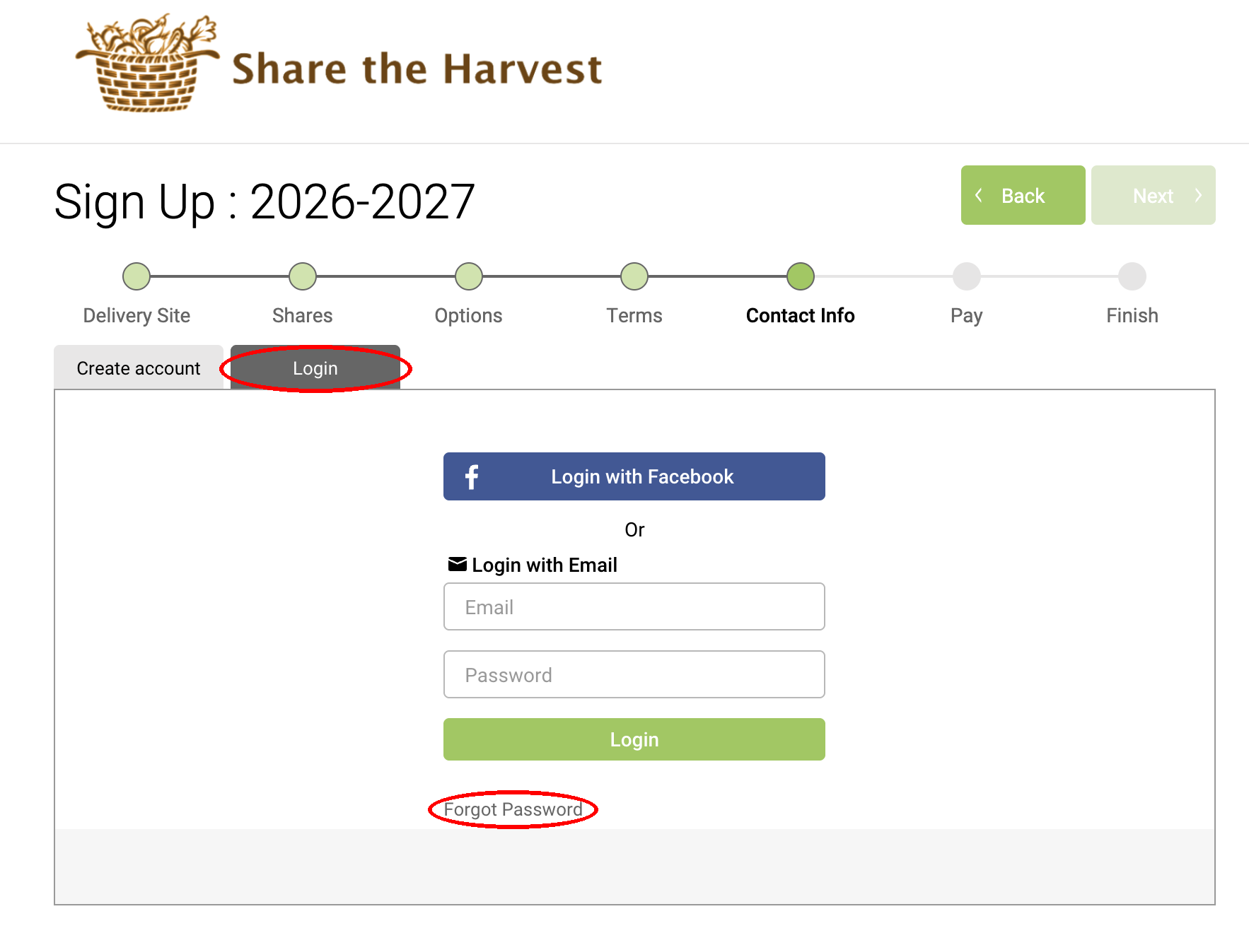 Contact Info step showing the Login tab and Forgot Password link highlighted