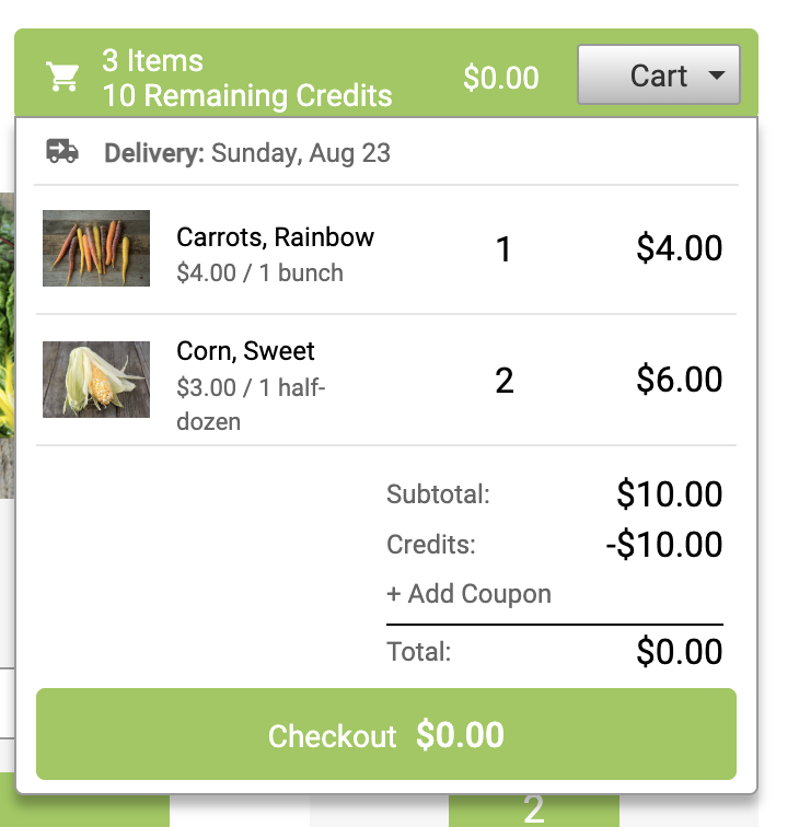 Store cart summary showing Farmigo Credits applied