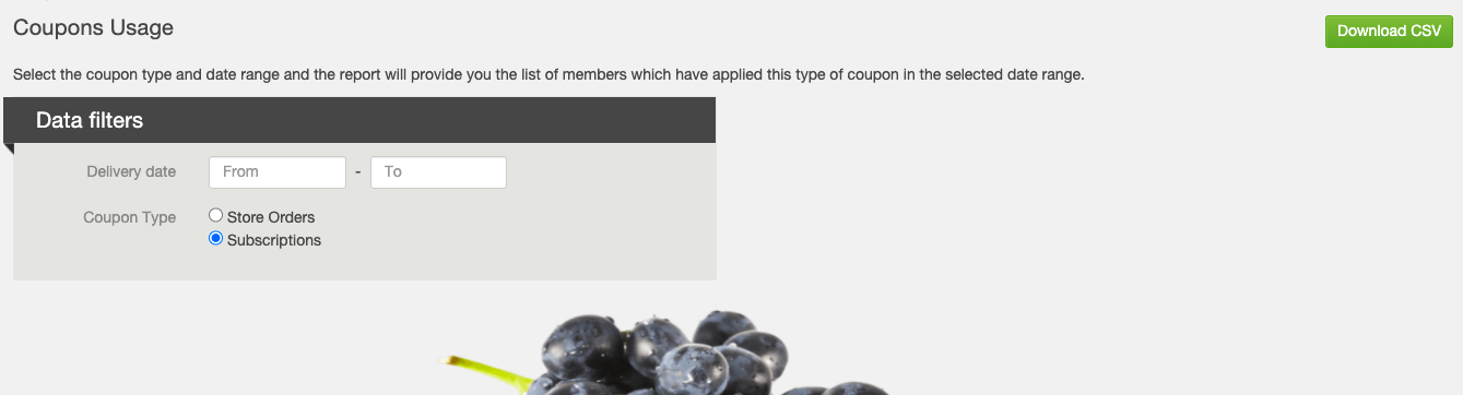 Coupons Usage report data filters showing delivery date range and coupon type selection
