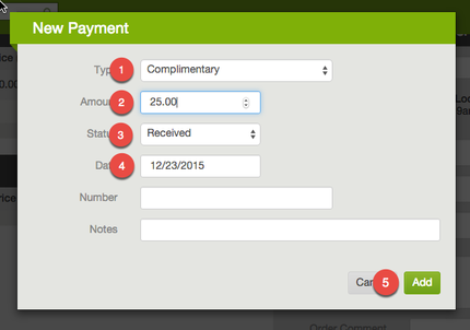 New Payment dialog showing Complimentary payment type, amount, received status, date, and Add button