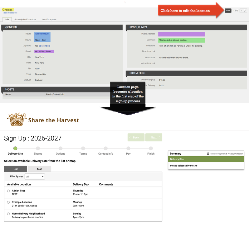 Location page becoming the delivery site selection step in the sign-up process