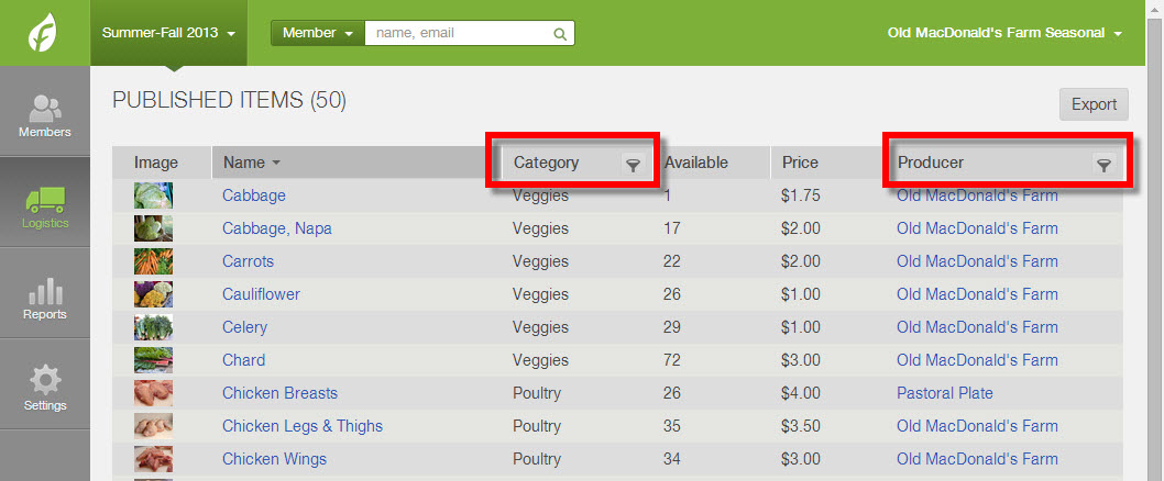 Published Items list showing Category and Producer filter columns