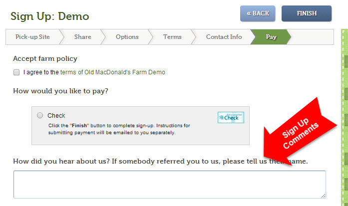 Sign up comments field on the sign up page
