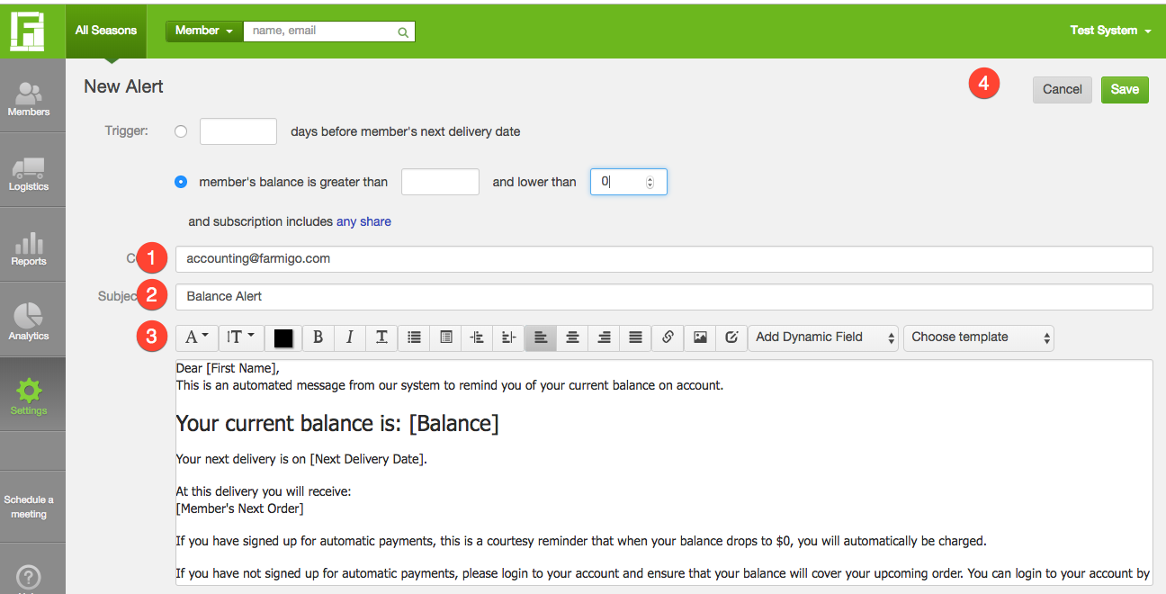 Completed alert form showing CC, Subject, email body, and Save button