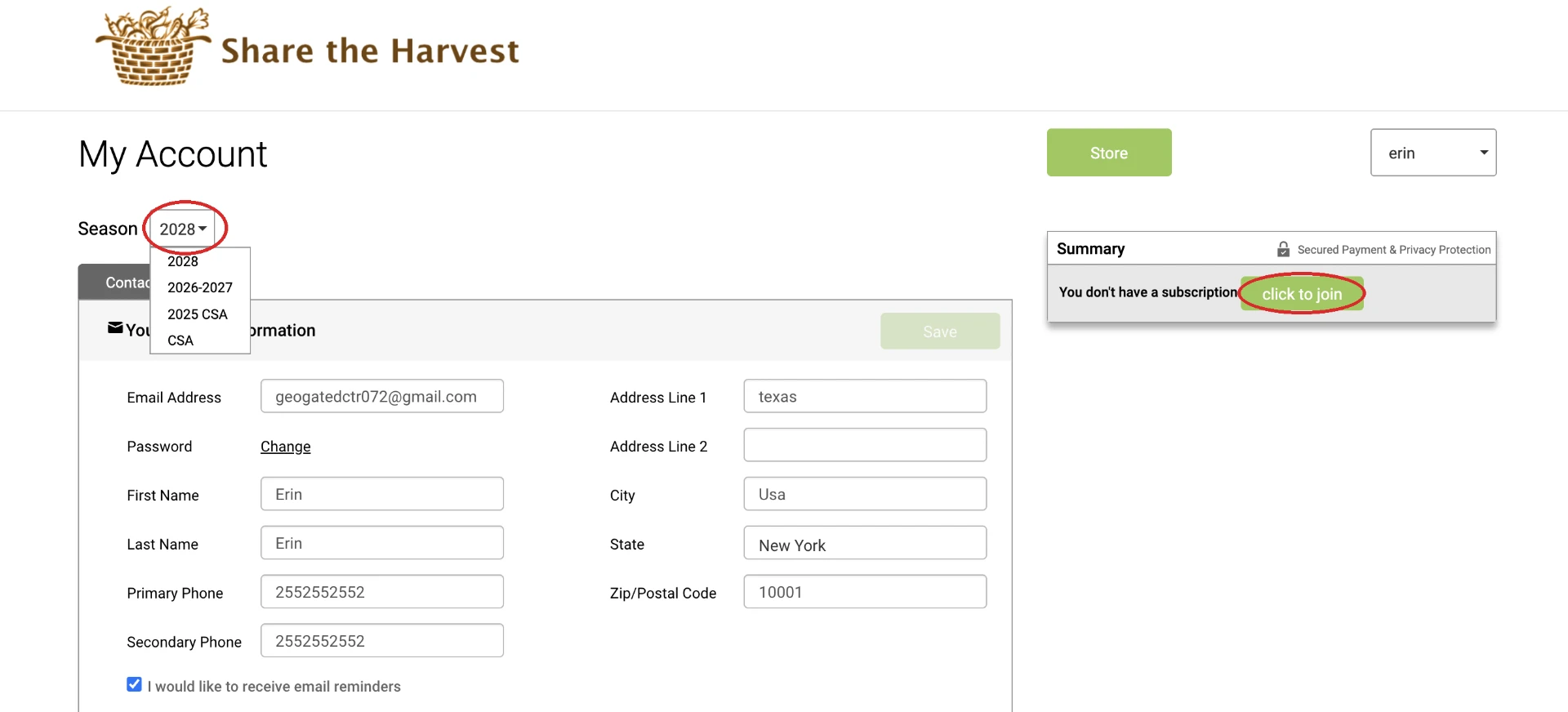 Member account page with the season drop down menu and the click to join button