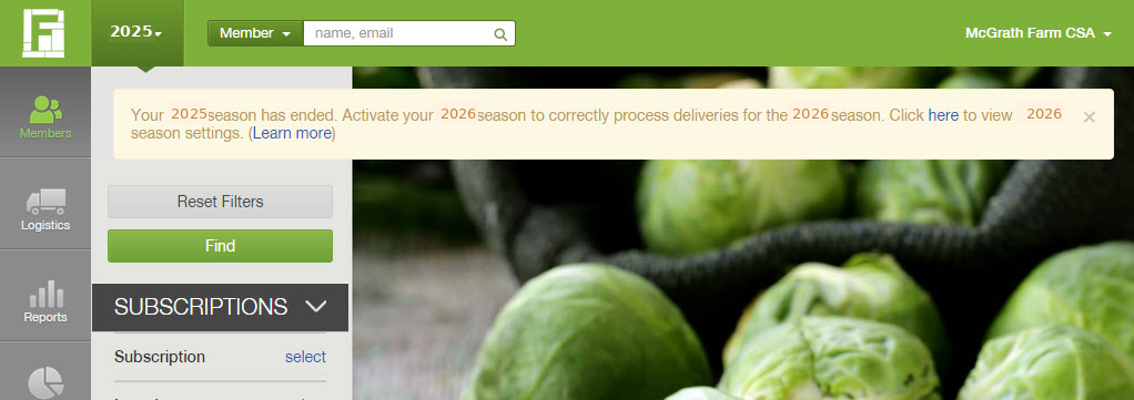 Members page notification prompting an administrator to activate the next season