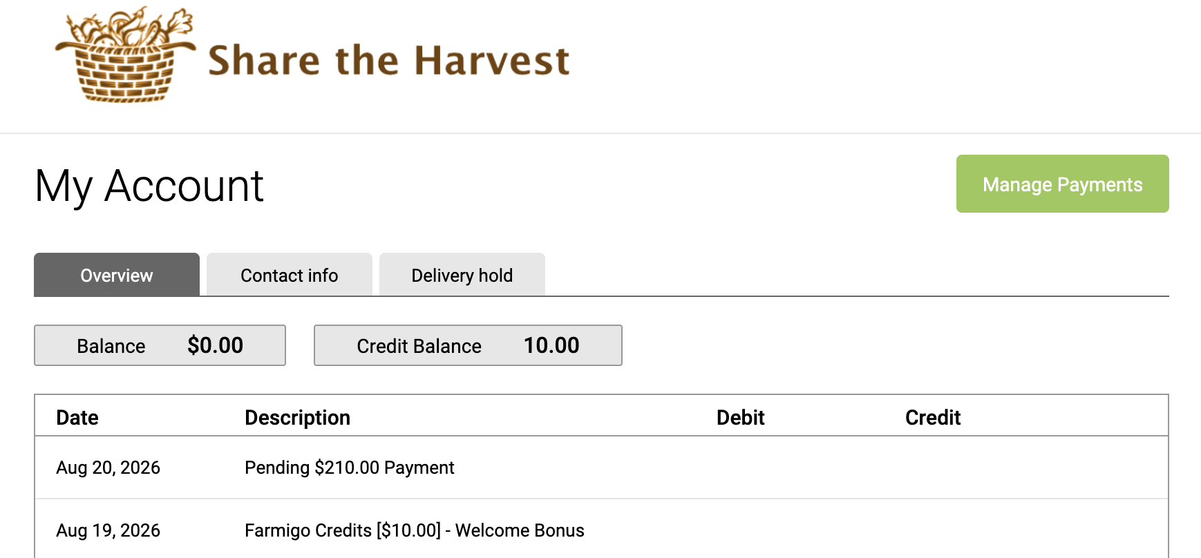 Member account showing Farmigo Credit balance