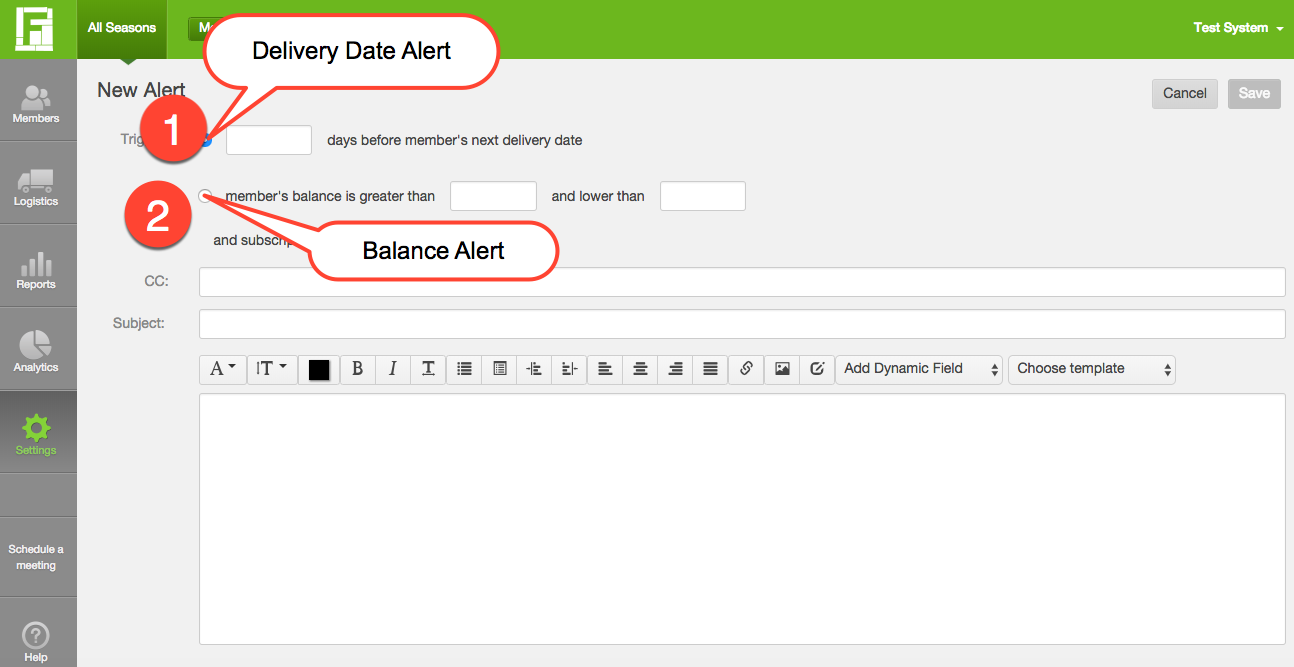 New Alert template showing Delivery Date Alert and Balance Alert options