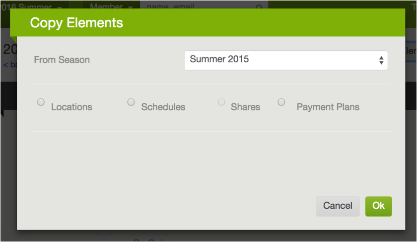 Copy Elements window for schedules, shares, payment plans, and locations