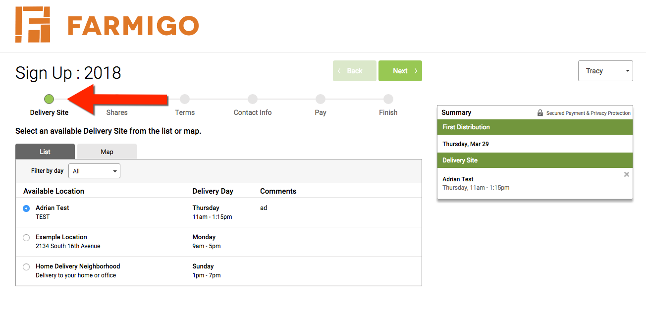 Sign up page showing the Delivery Site step