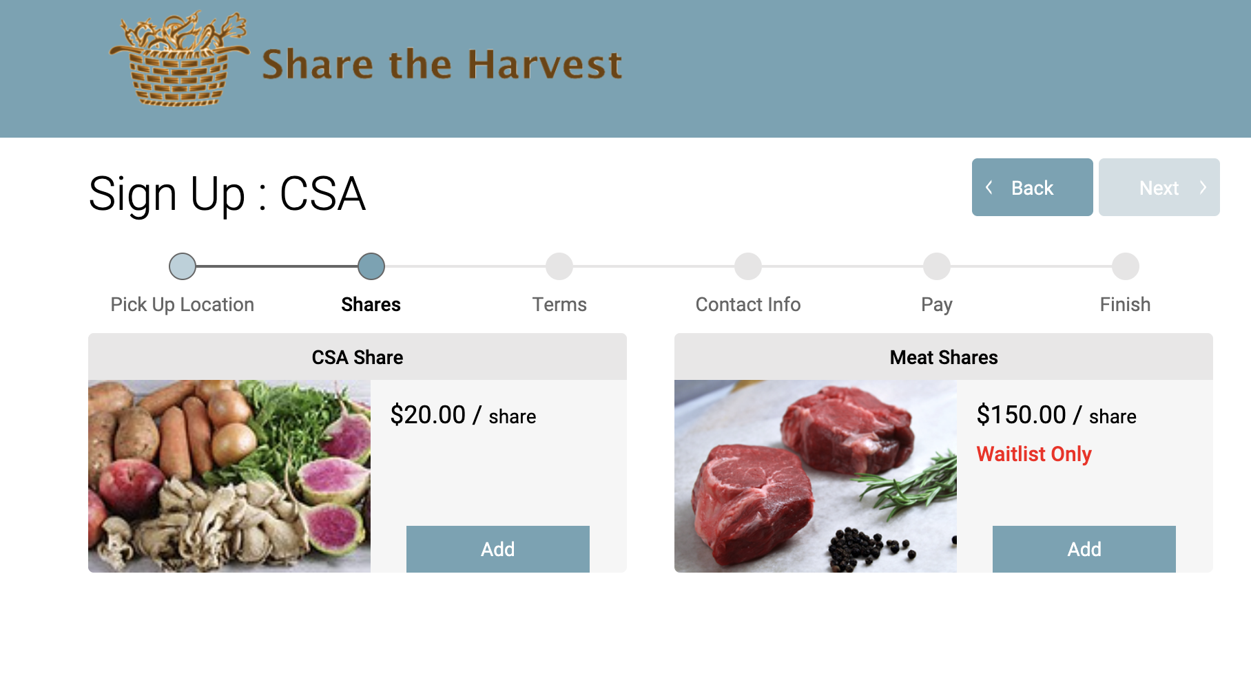 Member sign-up page showing a waitlisted Meat Share marked Waitlist Only
