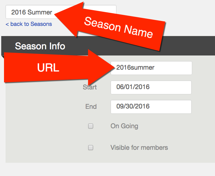 New Season form showing the season name, URL, dates, and visibility settings