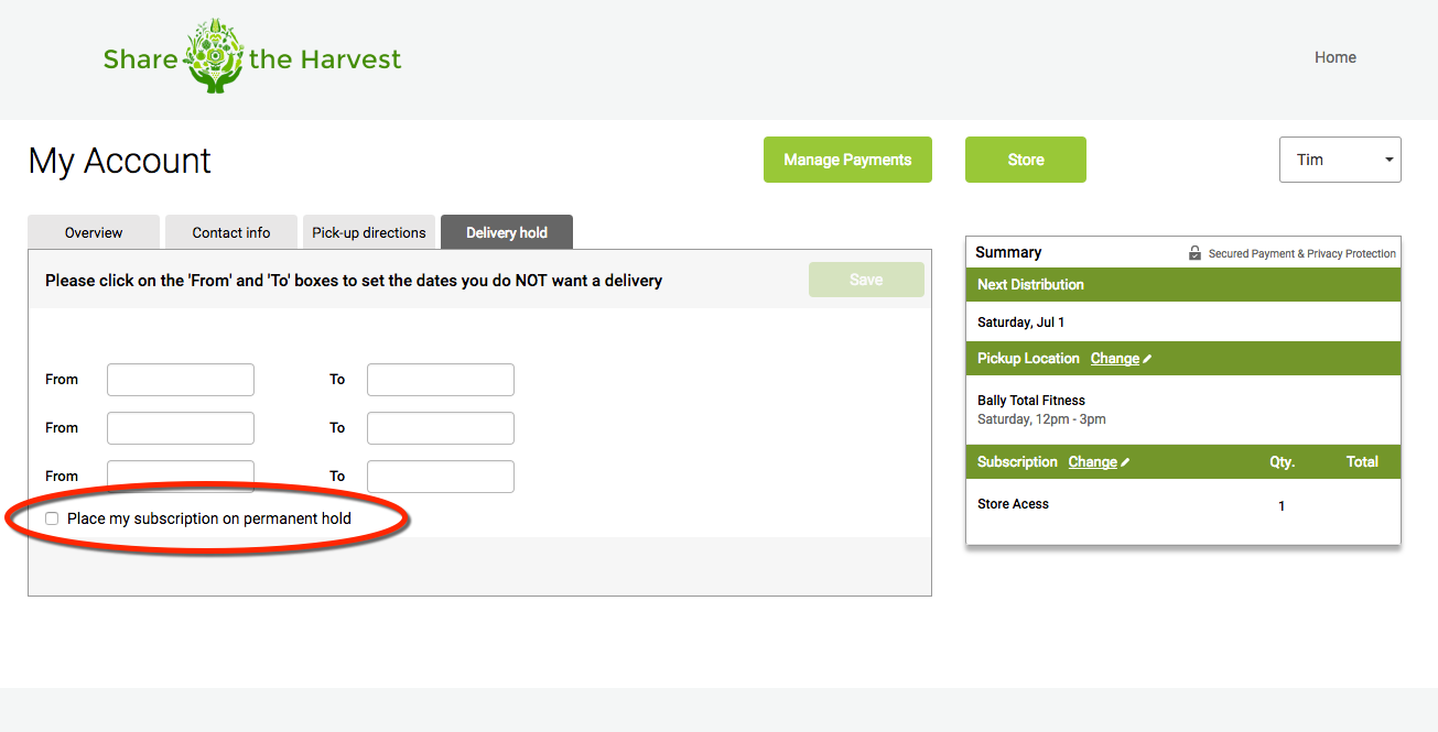 Member account showing permanent hold checkbox