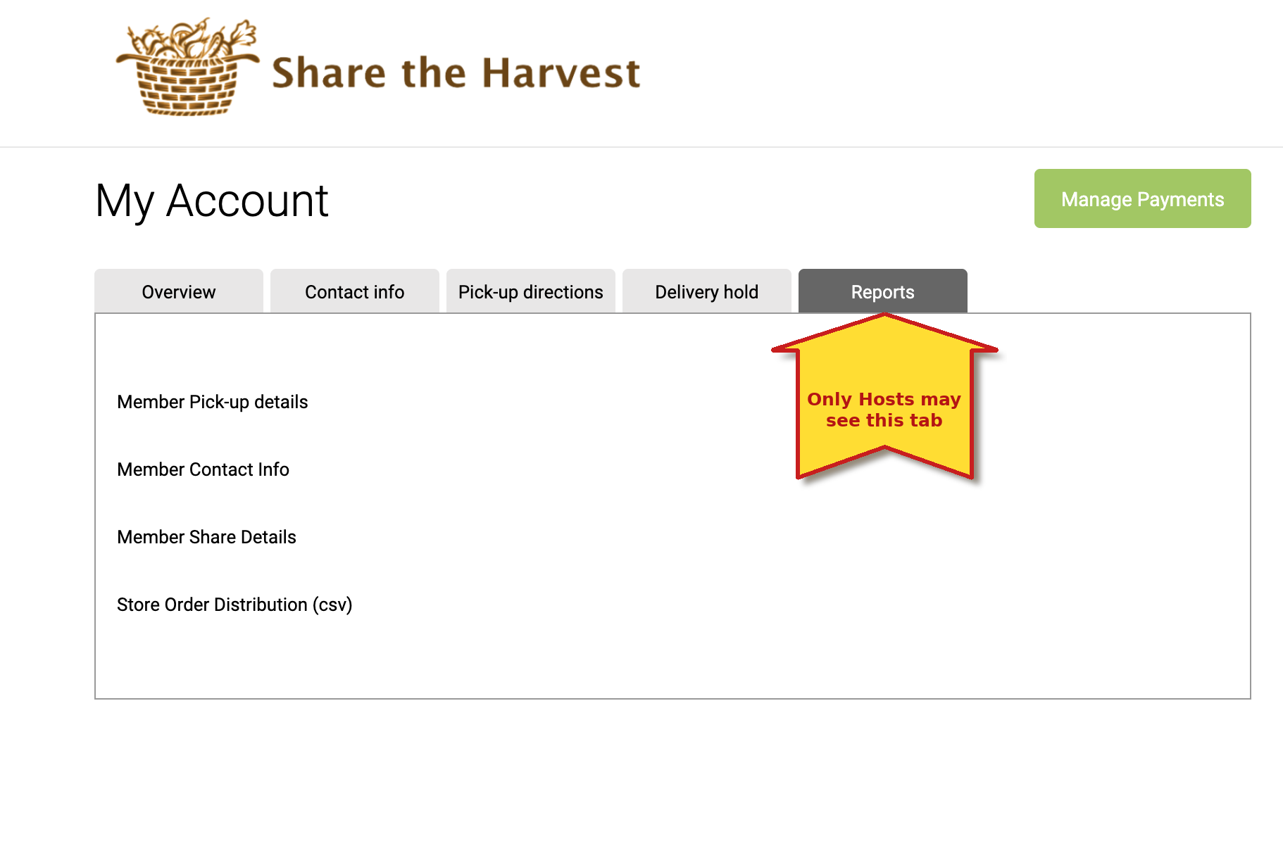 Host member account with the Reports tab selected, listing the available host reports