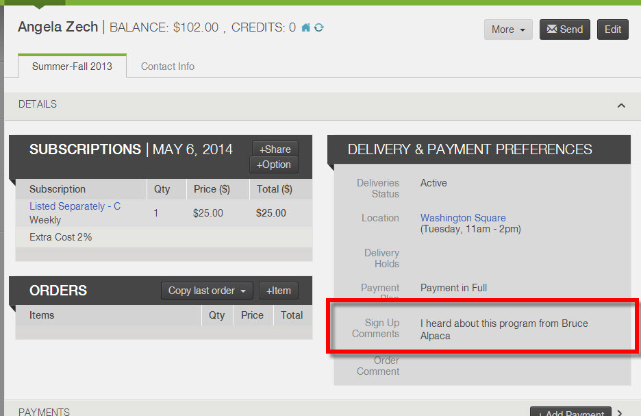 Sign up comments shown in member account details