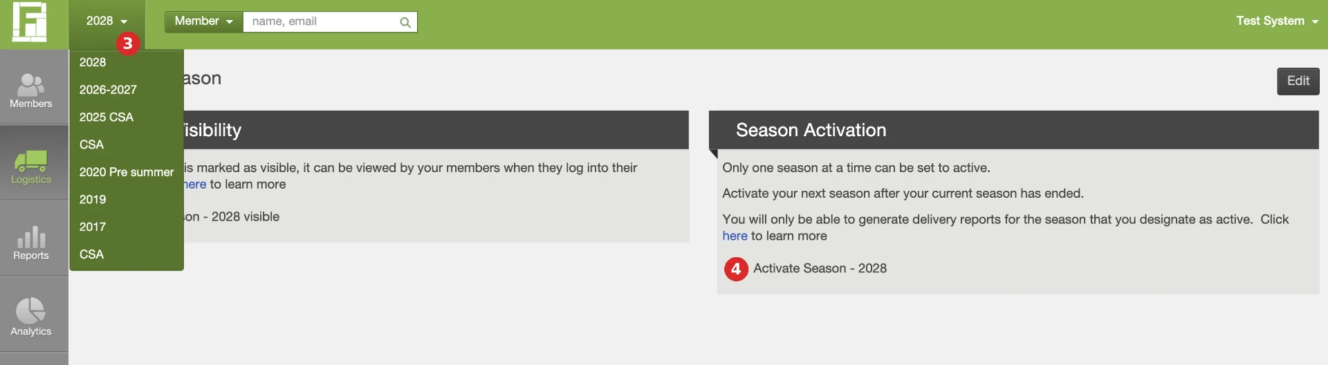 Manage Season settings form with the Active and Visible checkboxes and the save button