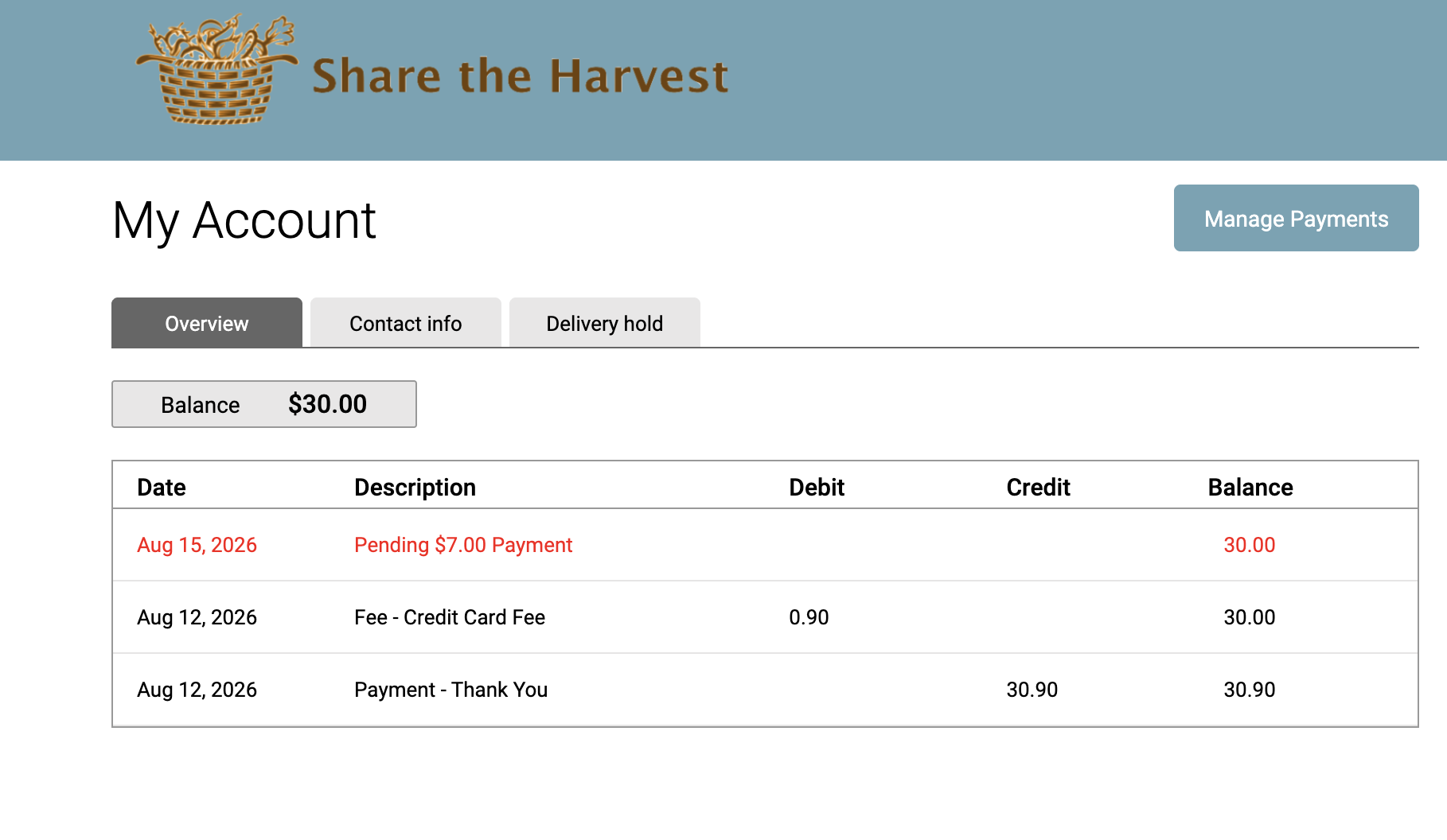 Member My Account page showing the Manage Payments button