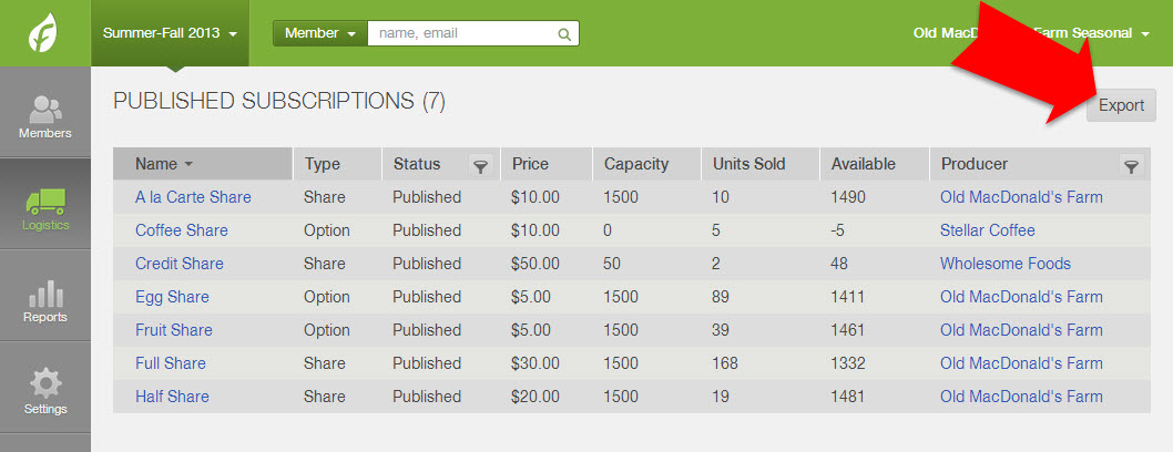 Export button on Published Subscriptions page