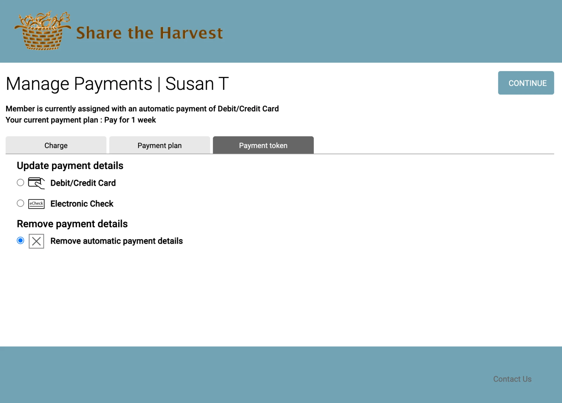 Manage Payments page showing the Payment token tab with options to update or remove automatic payment details