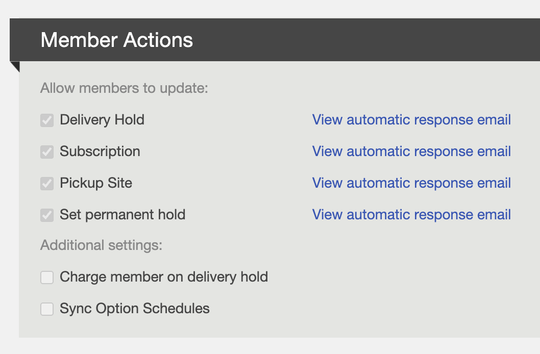 Member Actions settings panel showing options for Delivery Hold, Subscription, Pickup Site, Set permanent hold, Charge member on delivery hold, and Sync Option Schedules