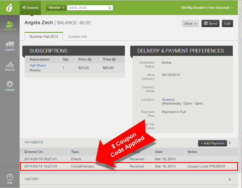 Member payment history showing Complimentary payment type for coupon code