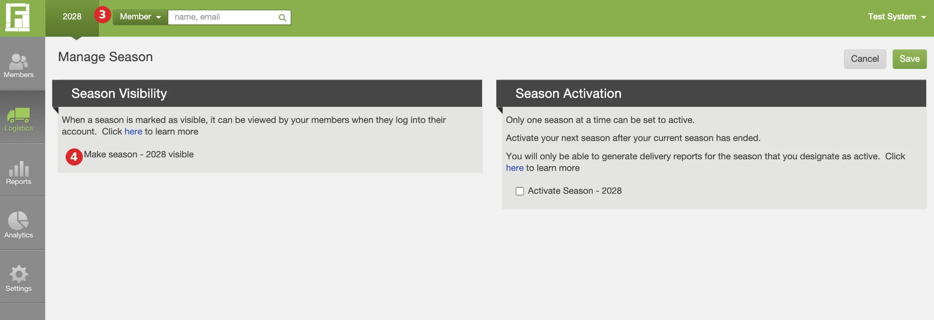 Members page notification prompting an administrator to activate the next season