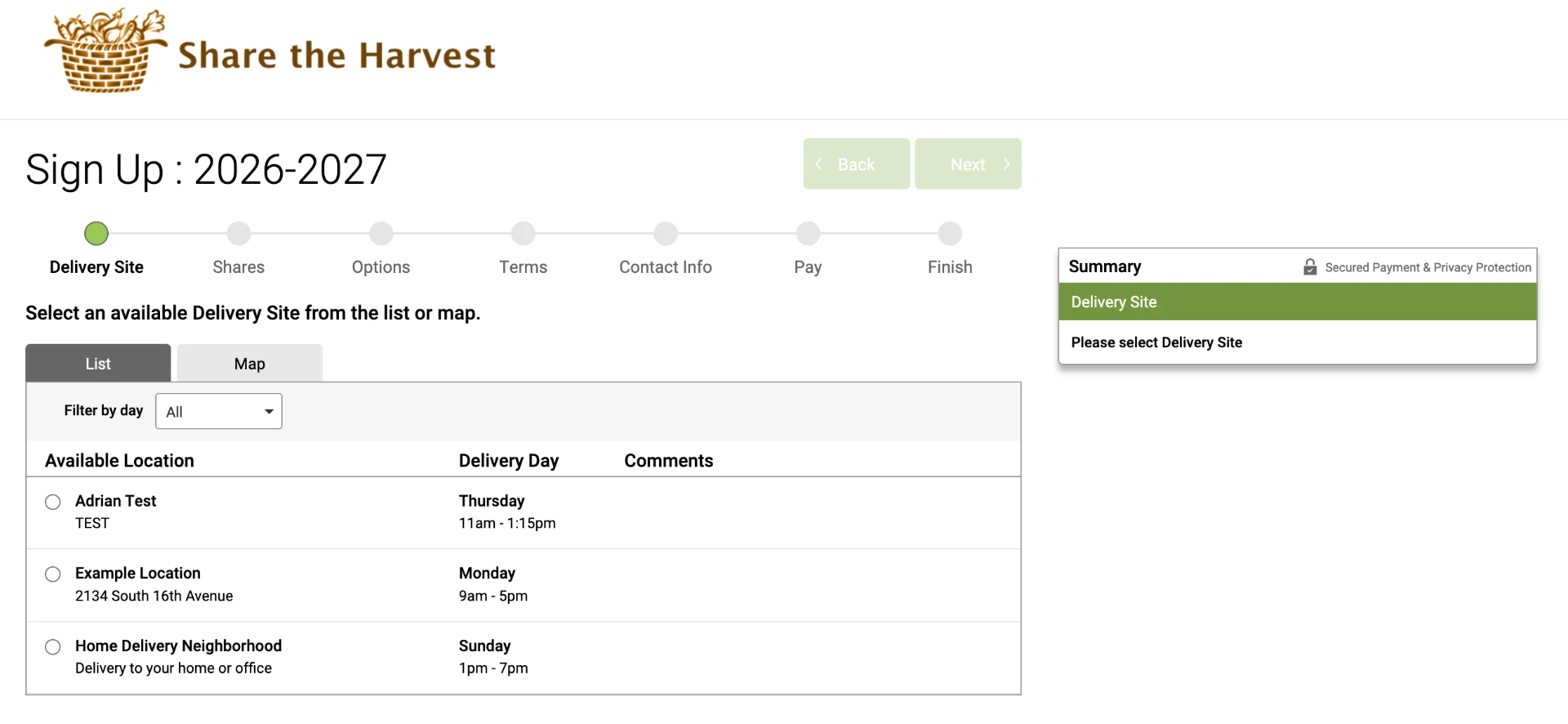 Delivery site list showing available locations with delivery days and times