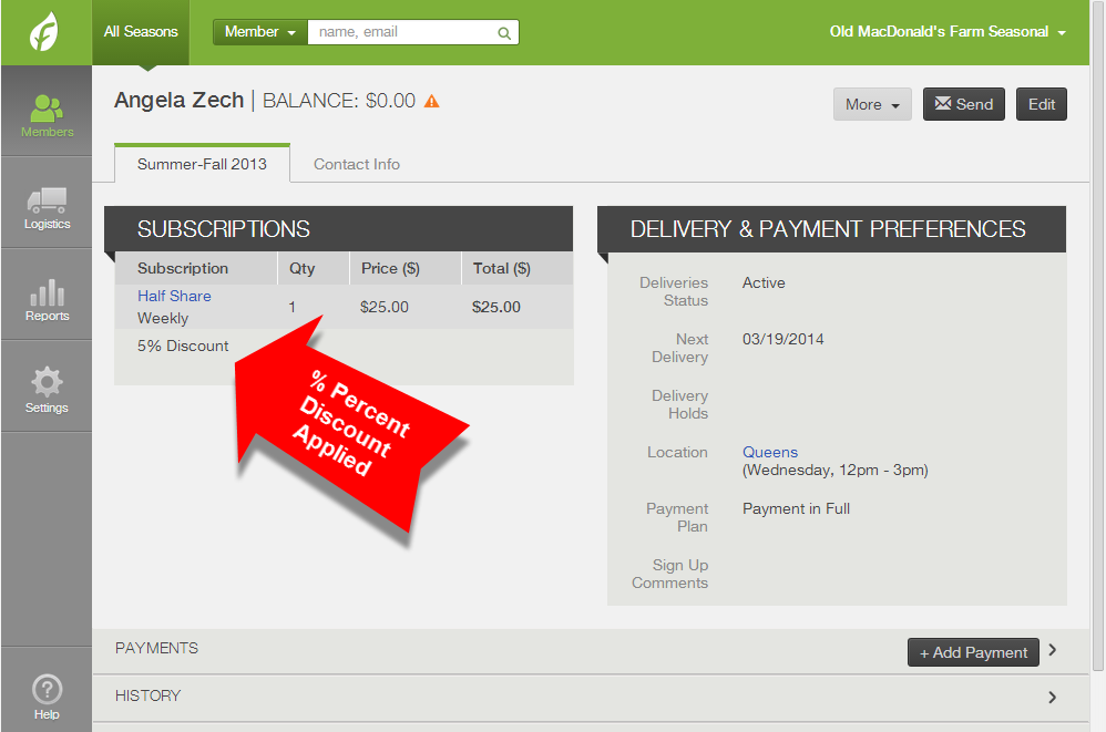 Member subscription showing percent discount applied