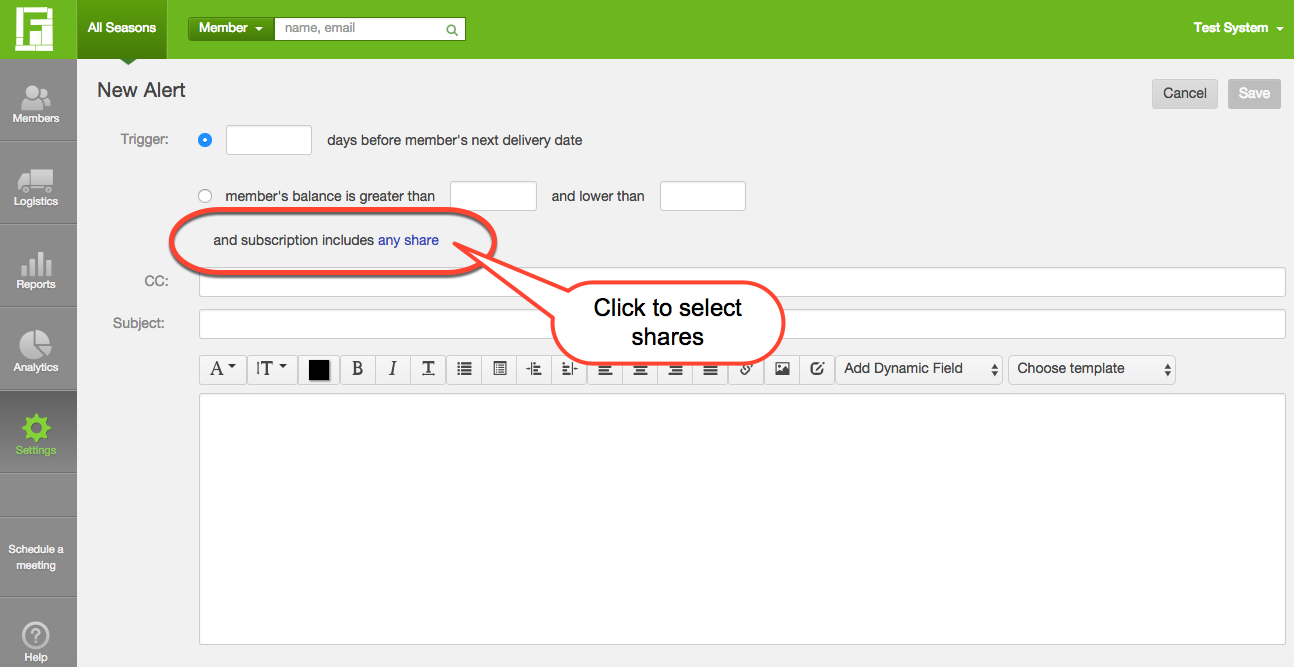 Subscription filter showing 'Click to select shares'