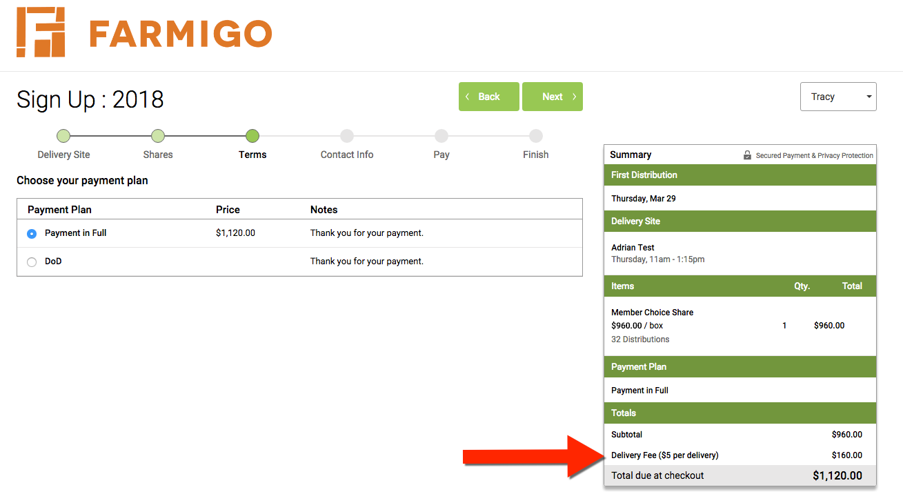 Delivery fee shown in the sign up summary
