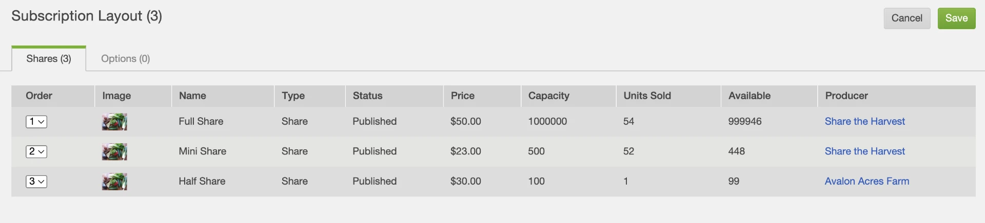 Subscription Layout screen showing Full, Mini and Half shares with order numbers 1 to 3 for the member sign-up process