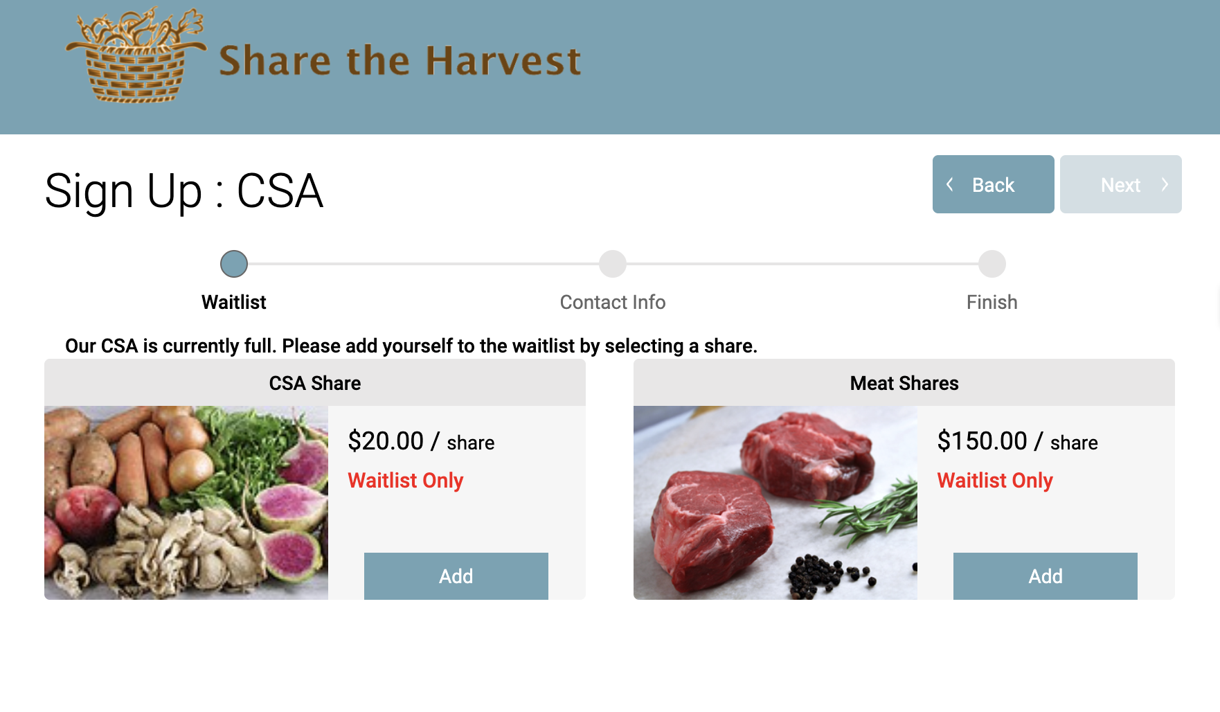 Member sign-up page for a full CSA, showing CSA Share and Meat Shares marked Waitlist Only
