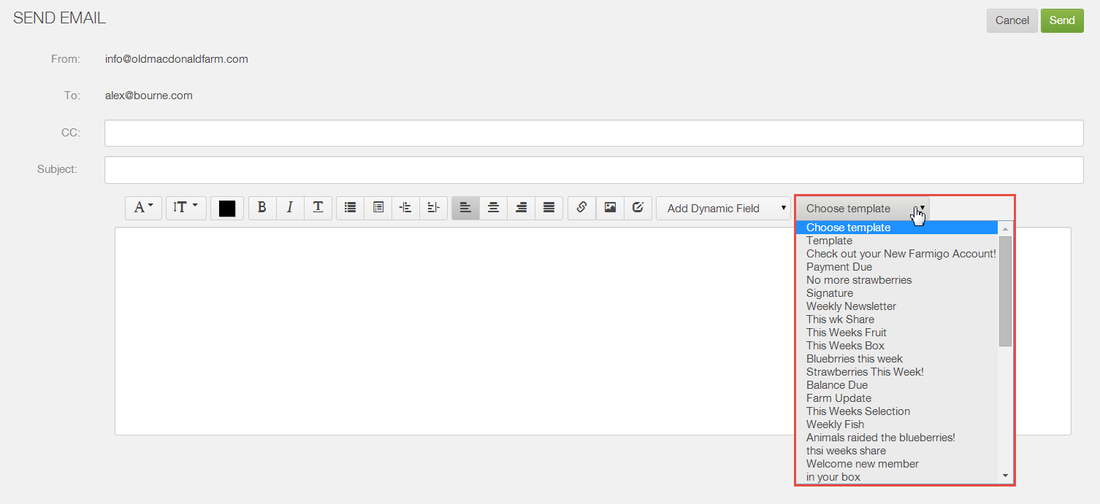 Email template dropdown