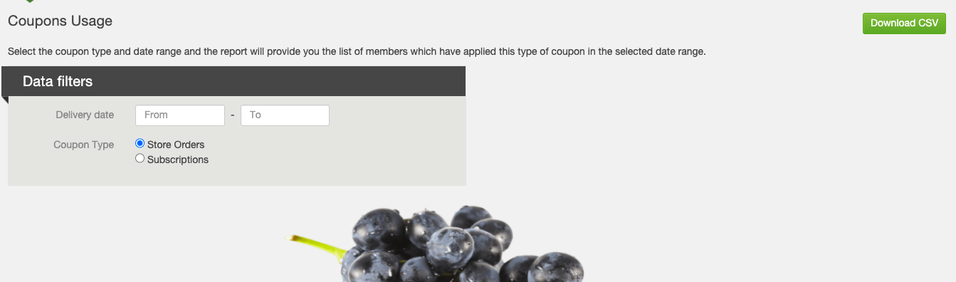 Coupons Usage report data filters showing delivery date range and coupon type selection