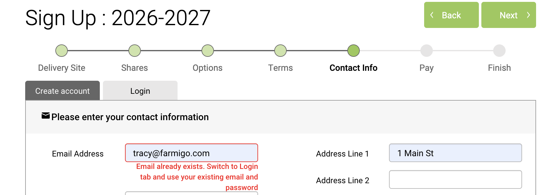 Contact Info step showing the email already exists message and Login tab