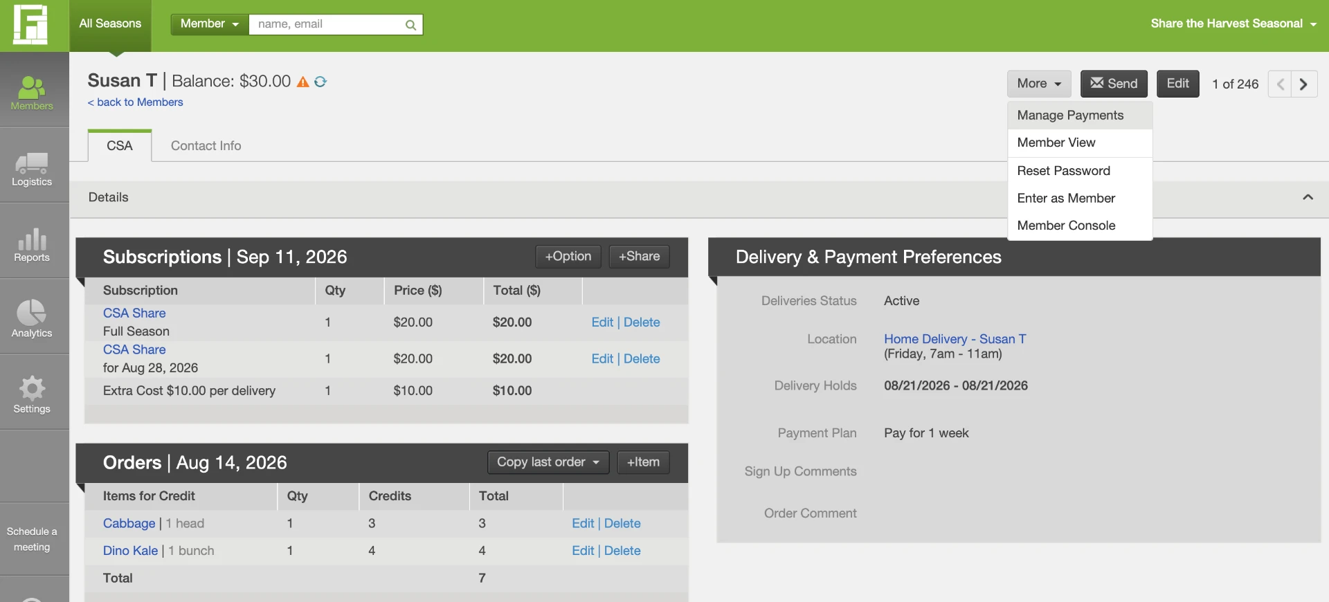 Member account page showing the More dropdown menu with Manage Payments selected