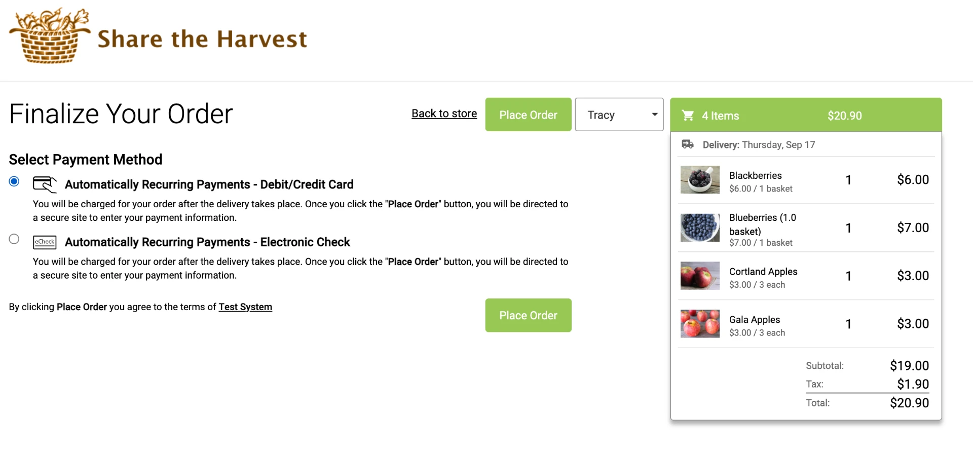 Member finalizing a web store order with Debit/Credit Card selected and a four item order summary