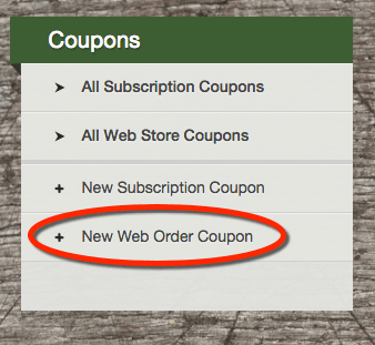 Coupons settings menu showing New Web Order Coupon option