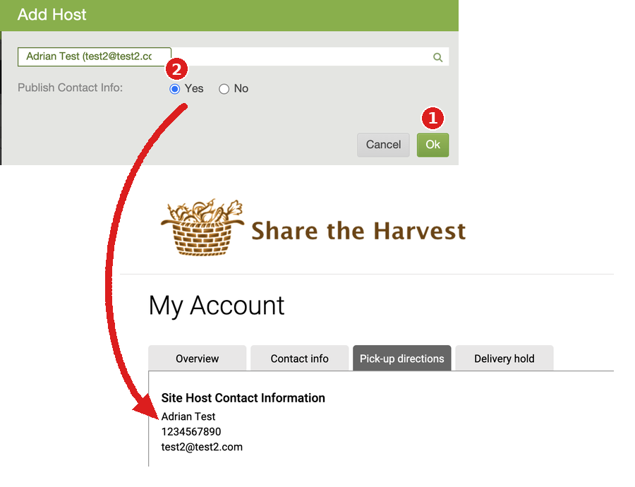 Add Host dialog and member account Pick-up directions tab showing published host contact information