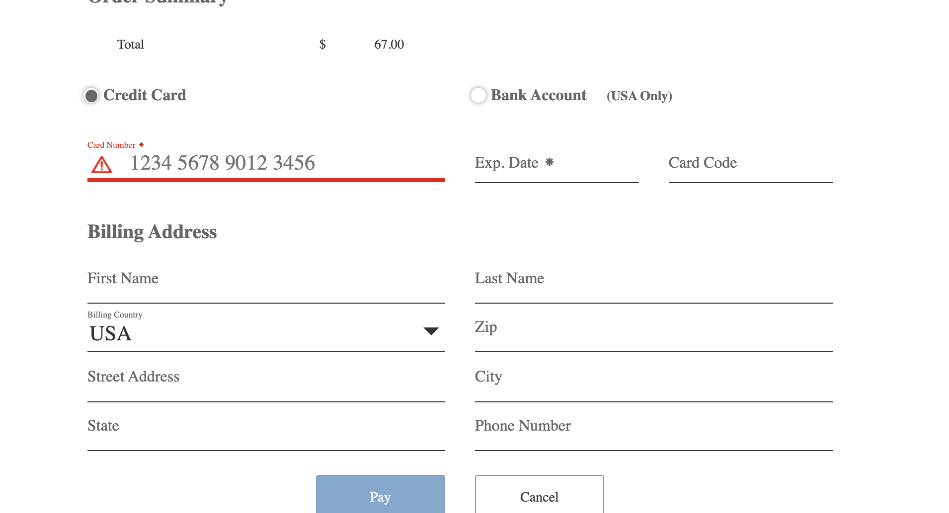Order summary payment form with credit card and billing address fields