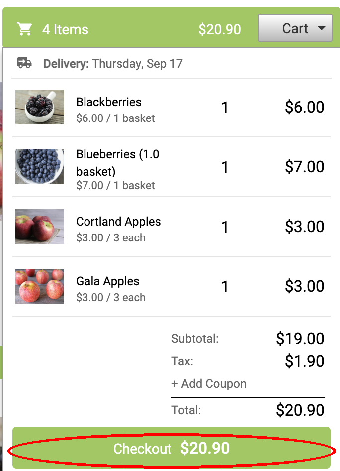 Member checkout cart showing items, delivery date, and total