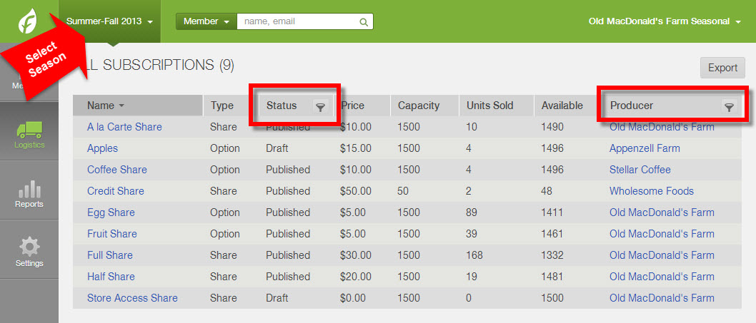 All Subscriptions list with filter funnel icons highlighted on Status and Producer columns