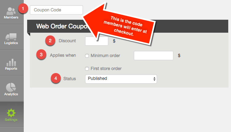 Web Order Coupon form showing Coupon Code, Discount, Applies when, and Status fields