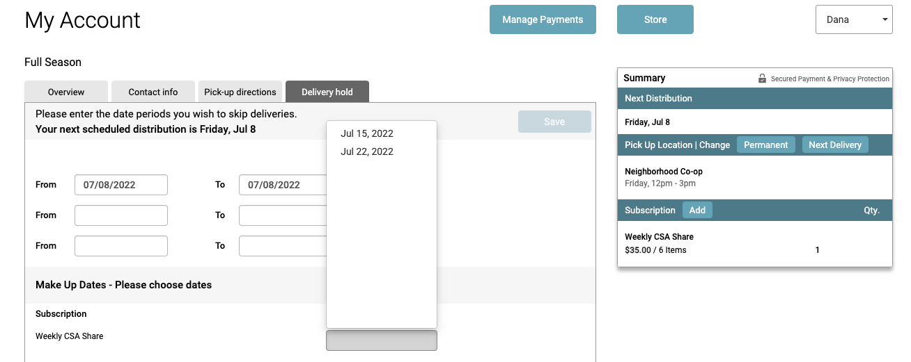 Member account showing Make Up Dates selection