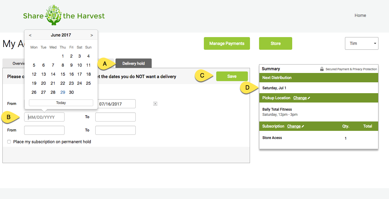 Member account showing the Delivery Hold tab and date selection