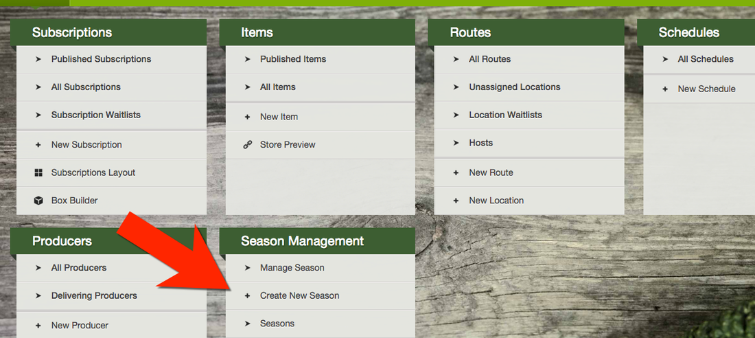 Season Management page with the Create New Season button highlighted