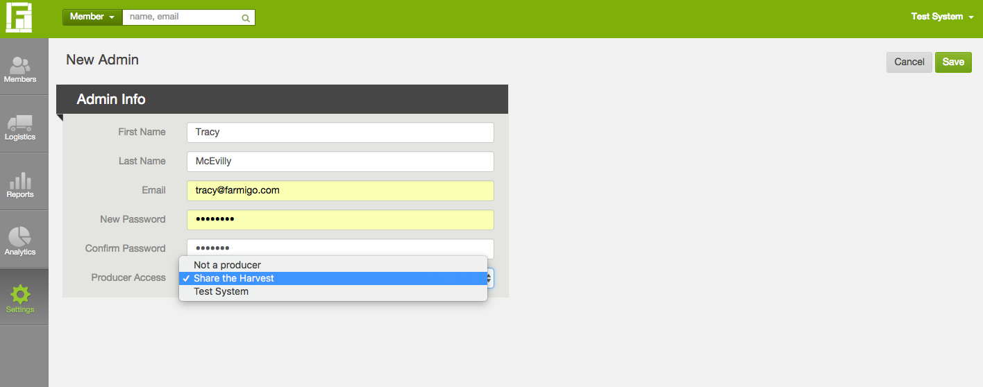 Producer Access dropdown