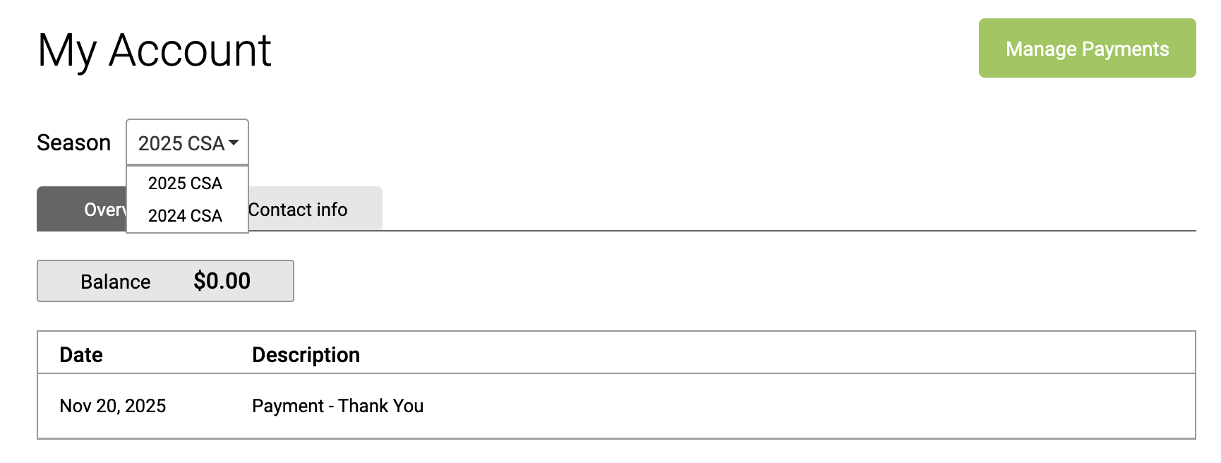 Season drop-down in My Account