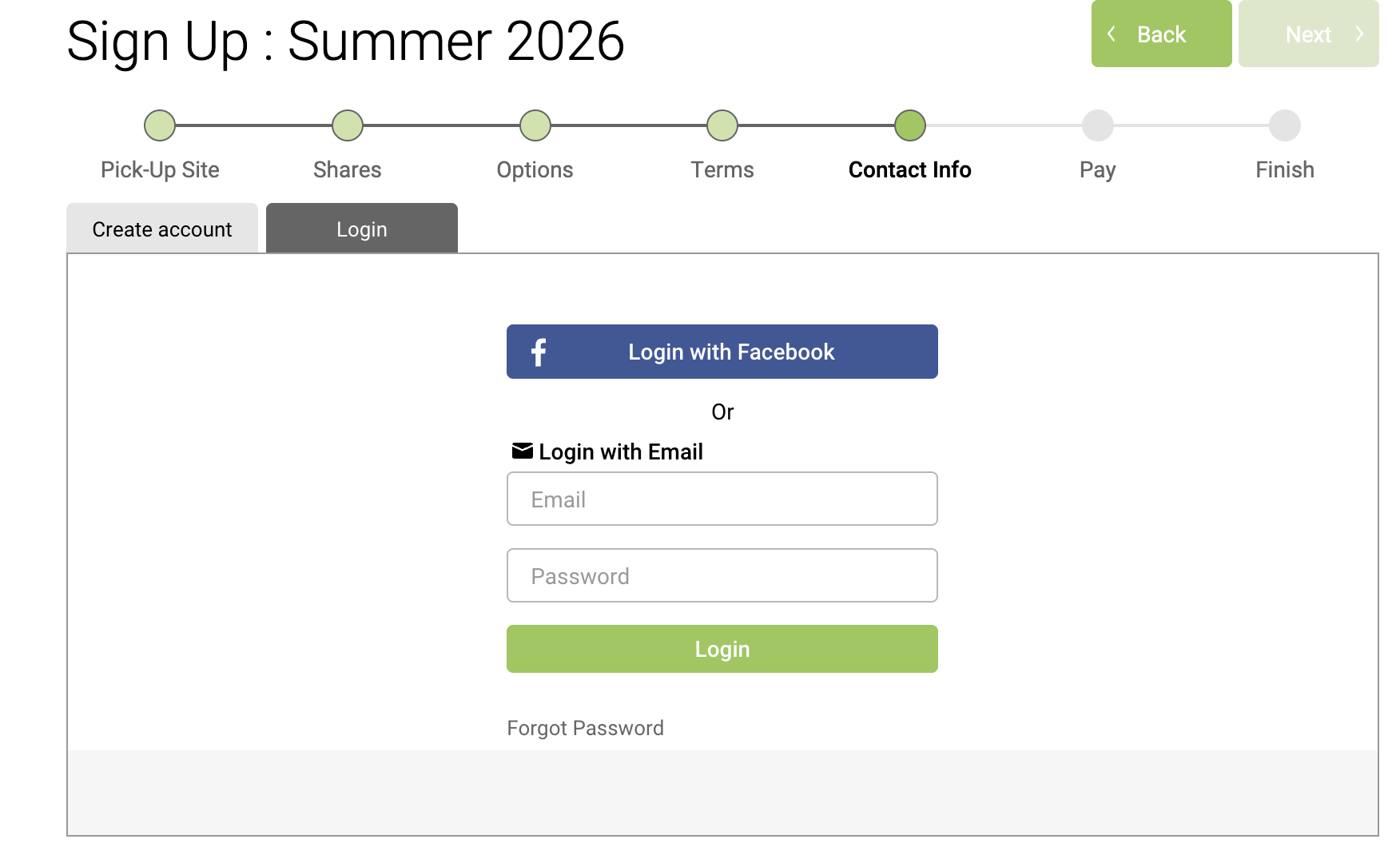 Login screen at Contact Info step