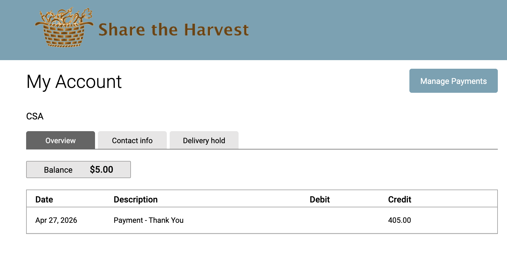 My Account with Manage Payments